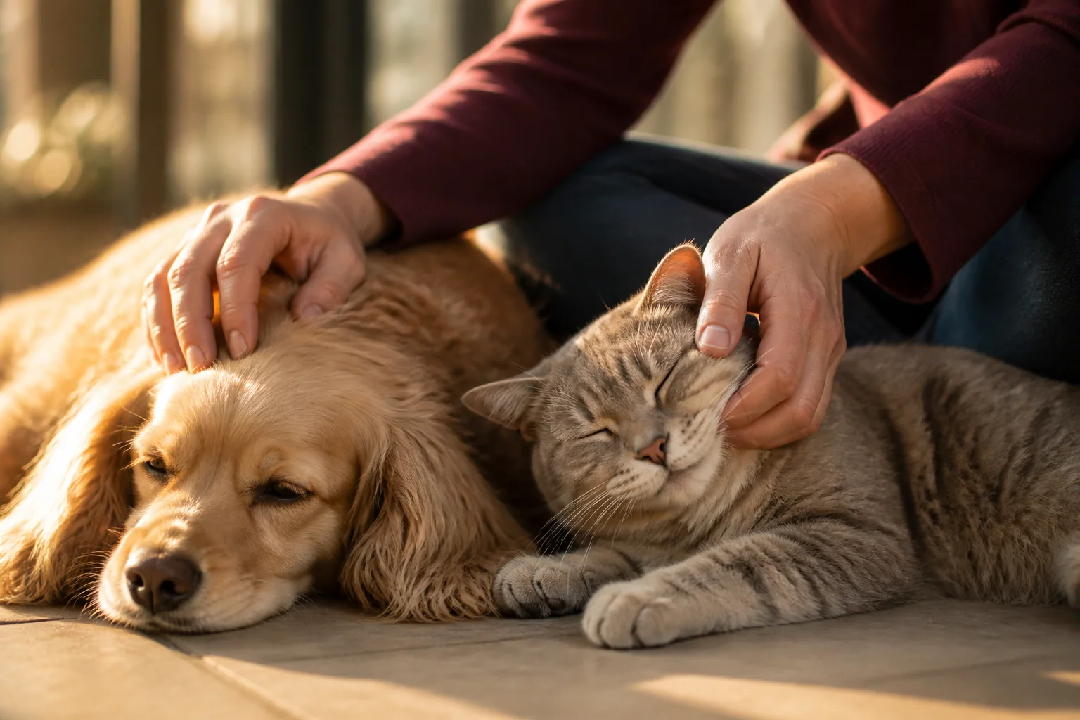 Cão e gato recebendo carinho sob luz quente