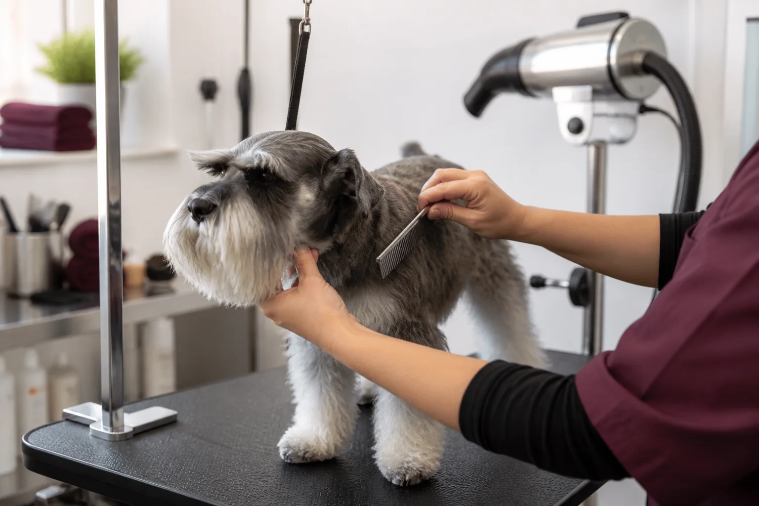 Schnauzer sendo penteado sobre mesa de estética animal
