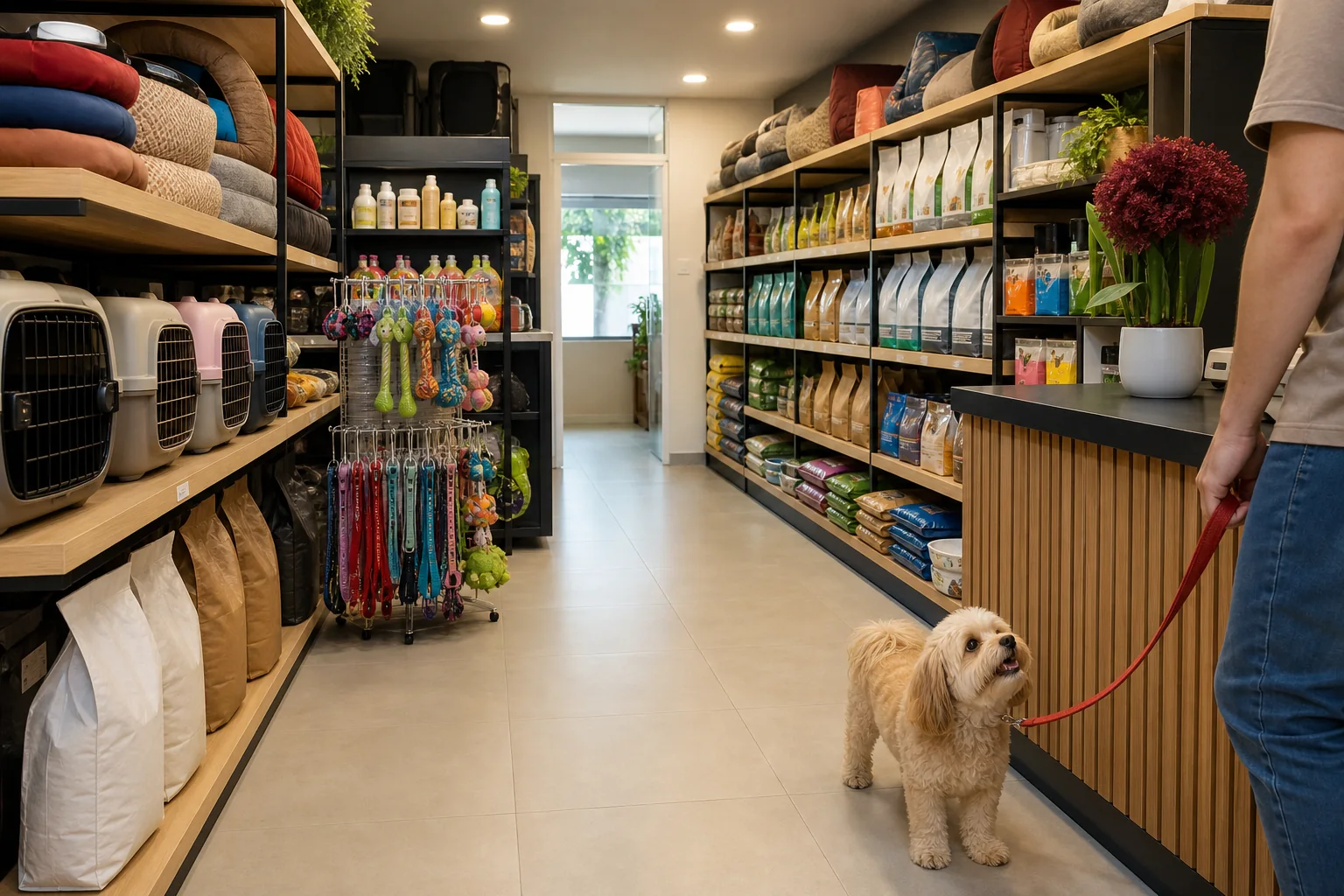 Interior de pet shop com prateleiras de produtos e um cão acompanhado pelo tutor